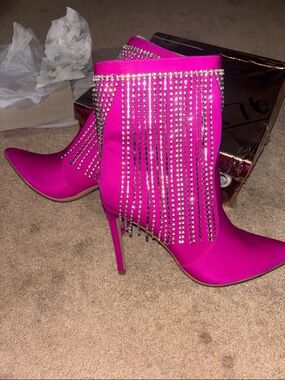 Hot Pink Crystal Fringe Stiletto Ankle Boots - Women